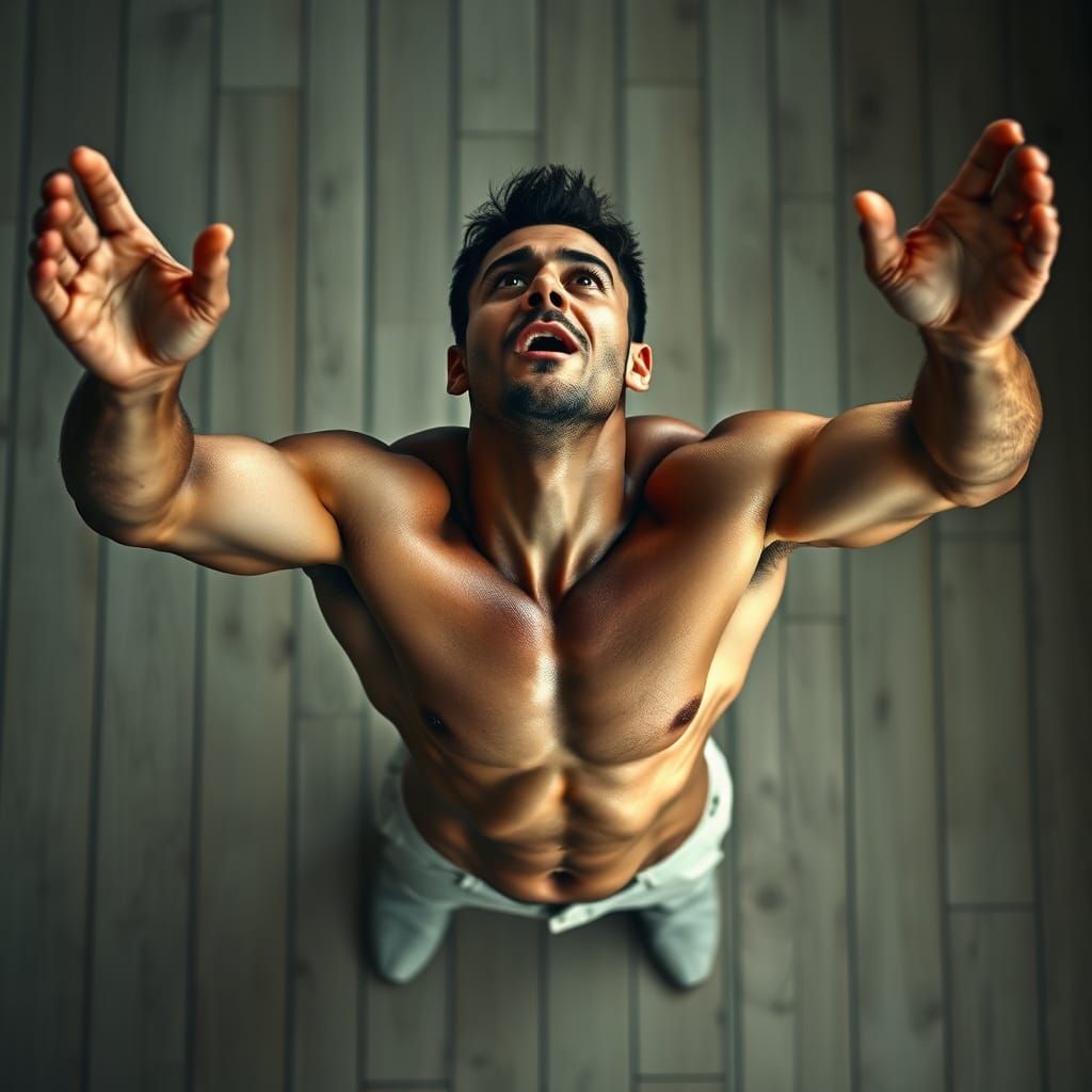 Emotional Muscular Man with Raised Arms