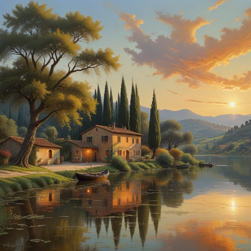 Surreal Renaissance Landscape at Sunset in Tuscany