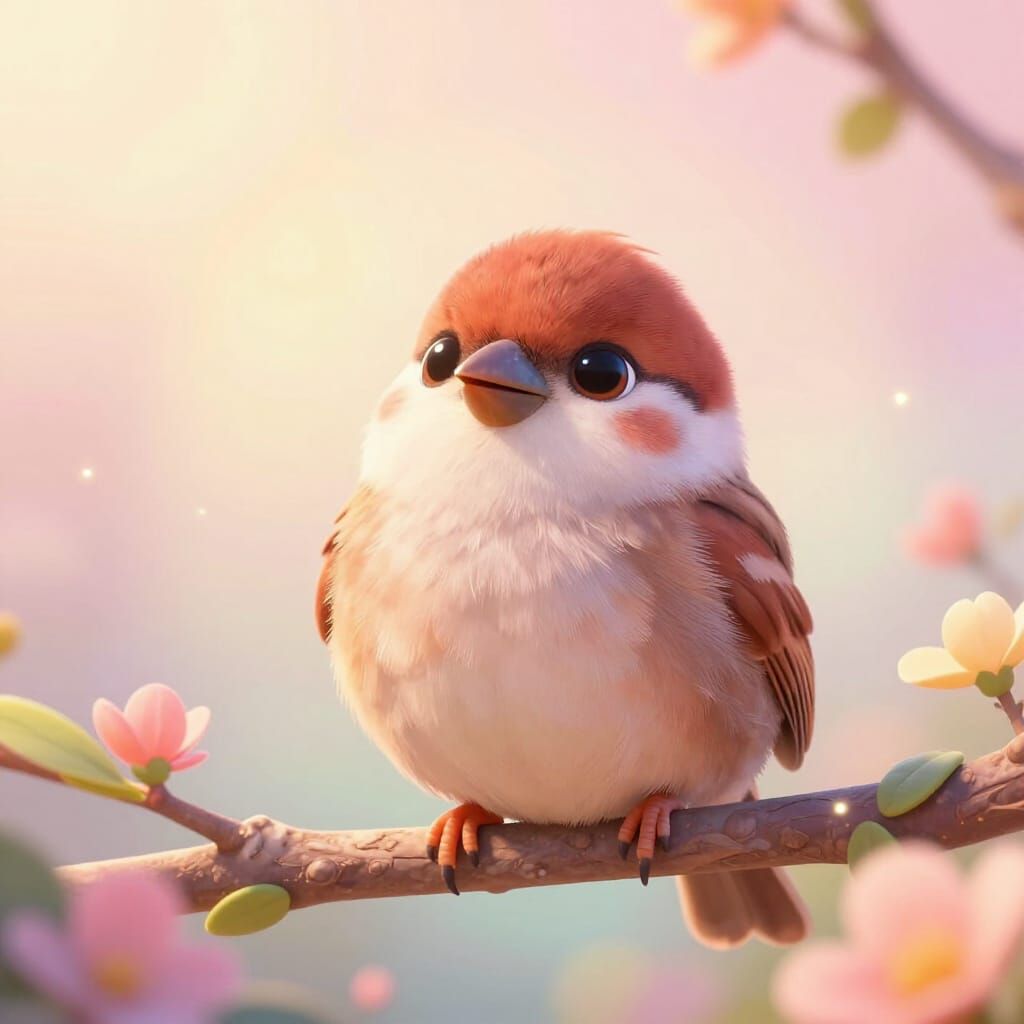 Whimsical Sparrow in Dreamy Fairytale Garden