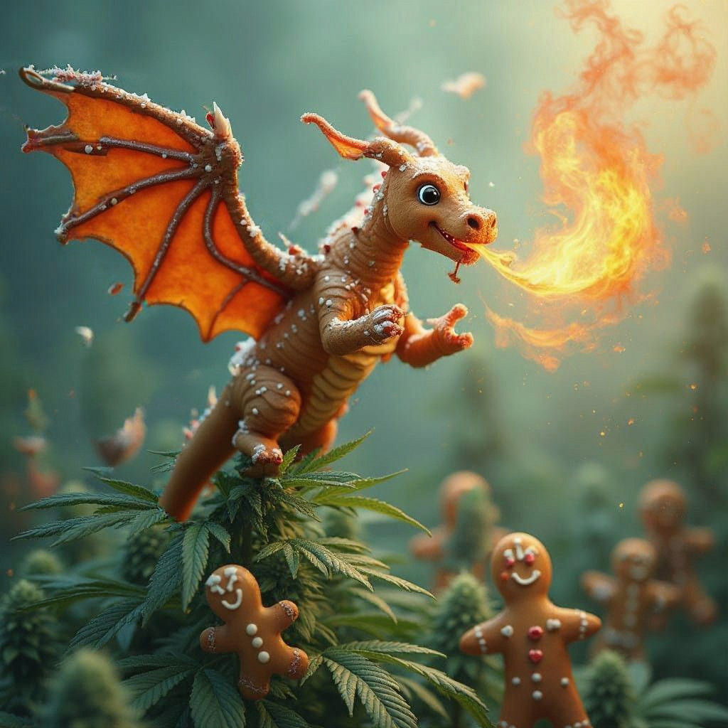 Flying Gingerbread Dragon Amidst Cannabis Bliss