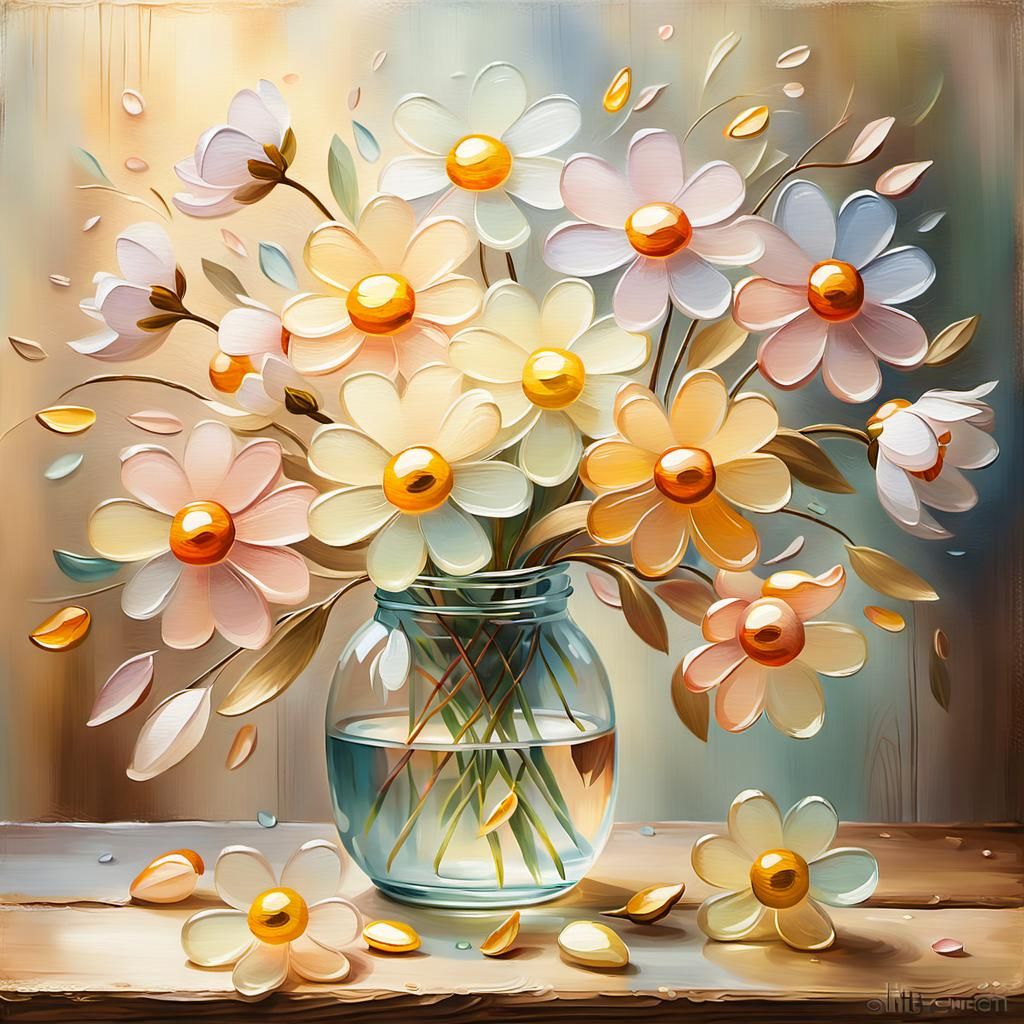 Glass Flowers Still Life in Impressionist Style