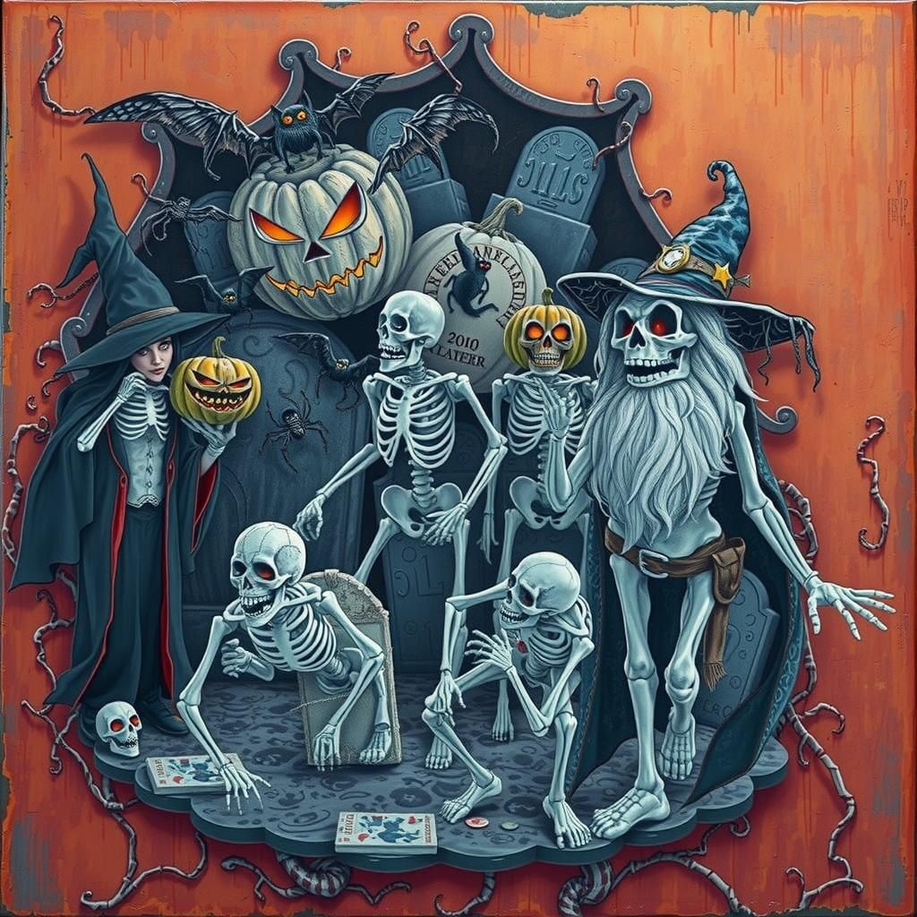 Halloween Graveyard Party with Witch in 3D Render