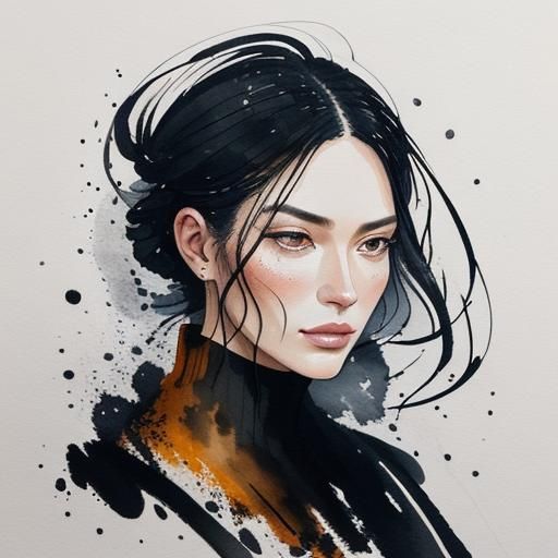 Beautiful Woman Portrait in Modern Ink Painting Style