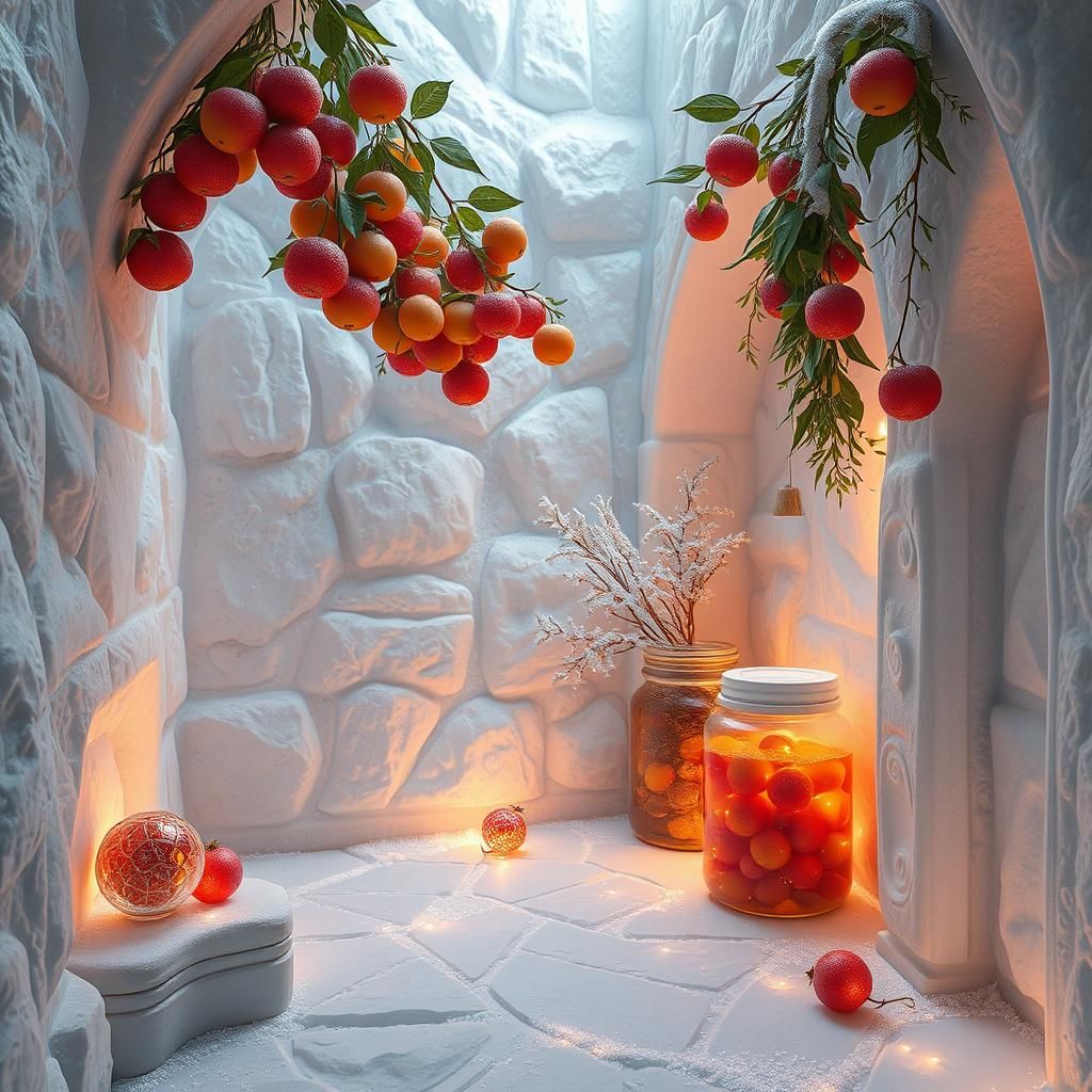 Ethereal Frost-Kissed Stone Walls with Glistening Fruits