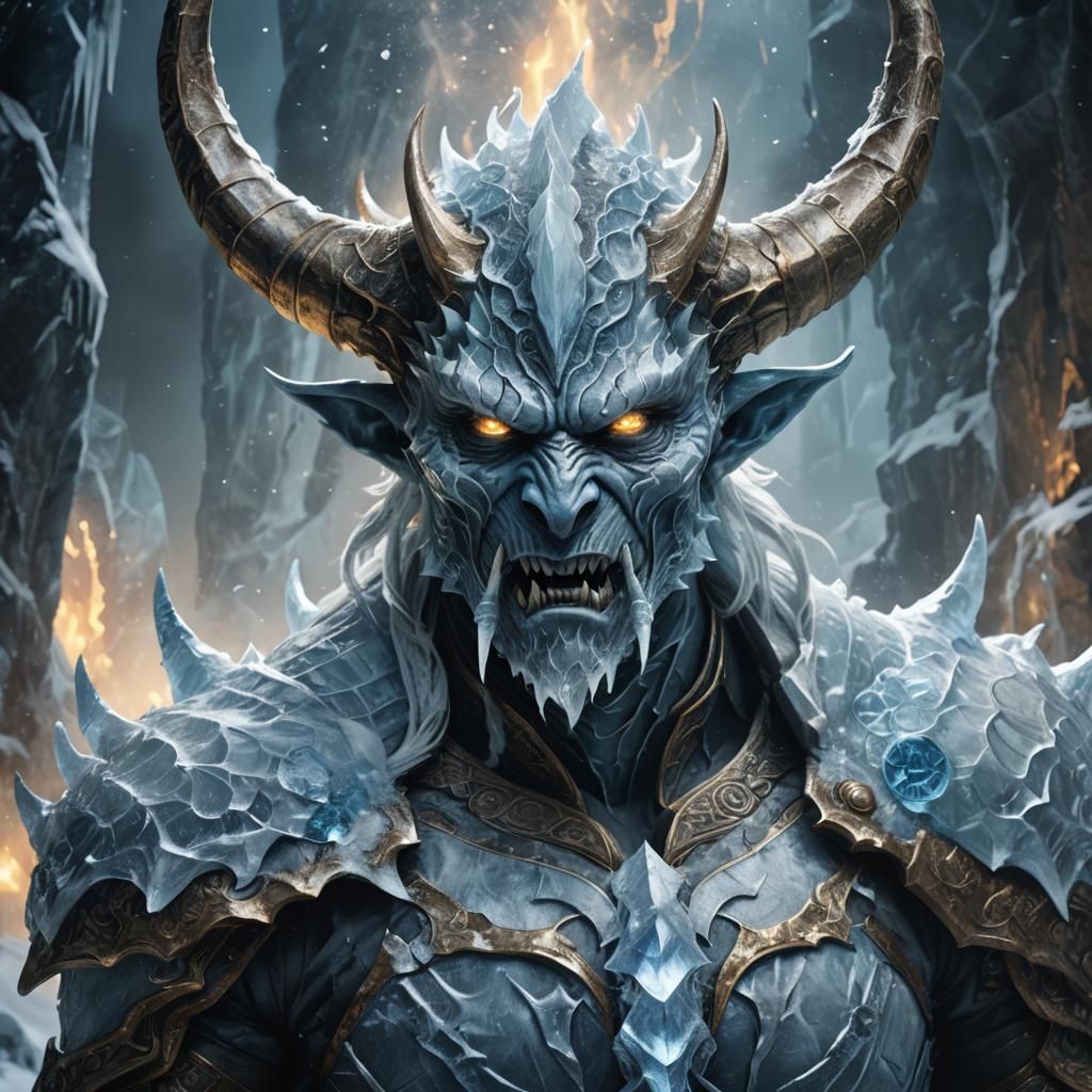 Icy Demon Portrait in Frozen Cavern