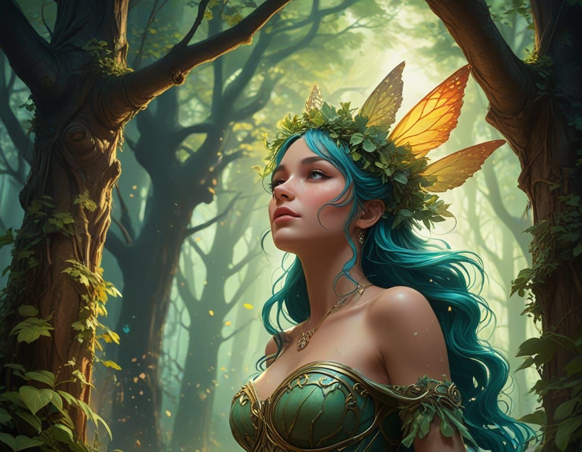 Forest Spirit Dances in Grove: Art Nouveau Fairy Tale