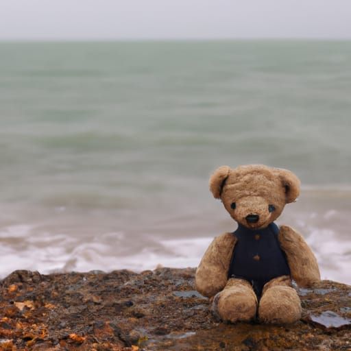 Sad Teddy Bear Puppet on English Seashore