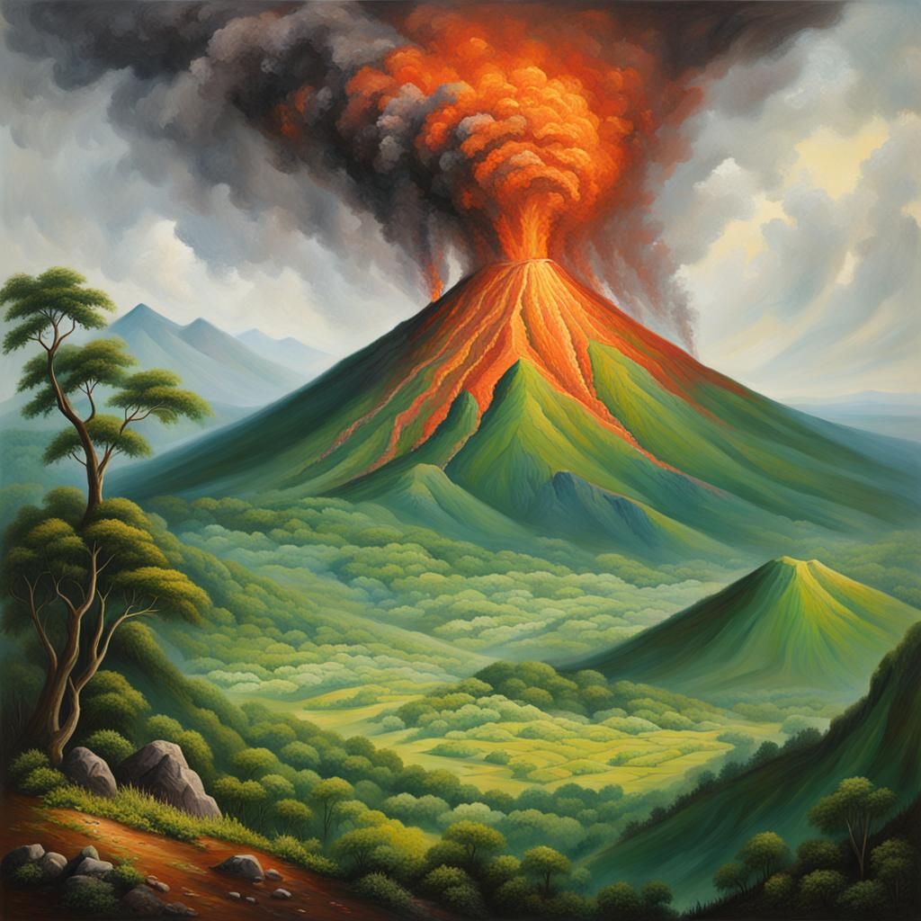 Volcano Oil Painting Amidst Green Mountains