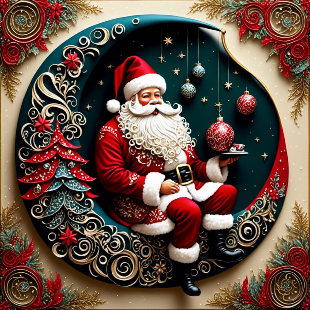 Santa on Zentangle Moon with Brocade Fabric