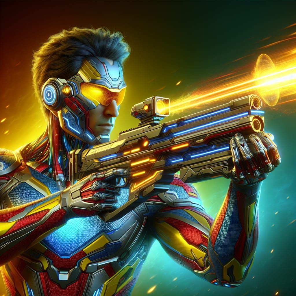 Futuristic Superhero Fires Railgun in Hyperrealistic Art