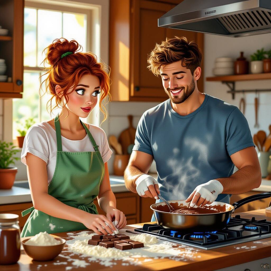 Shy Woman and Smiling Man Cooking Chocolate