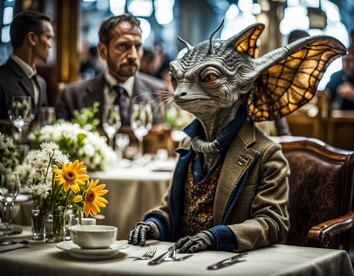 Surreal Alien Restaurant Celebration in Gritty Detail