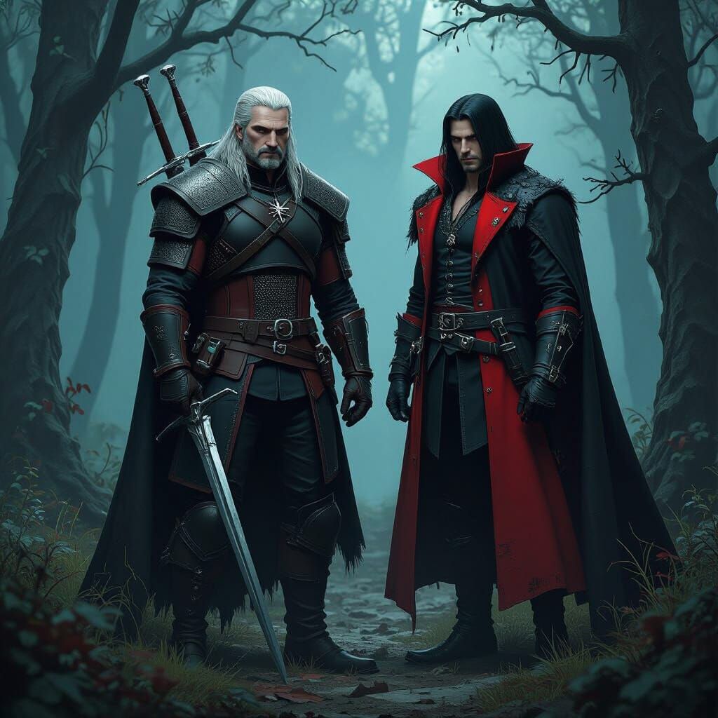 Geralt and Alucard in Eerie Neo-Gothic Forest