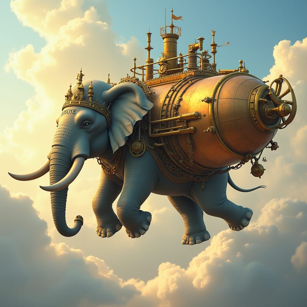 Steampunk Elephant Airship in Golden Light