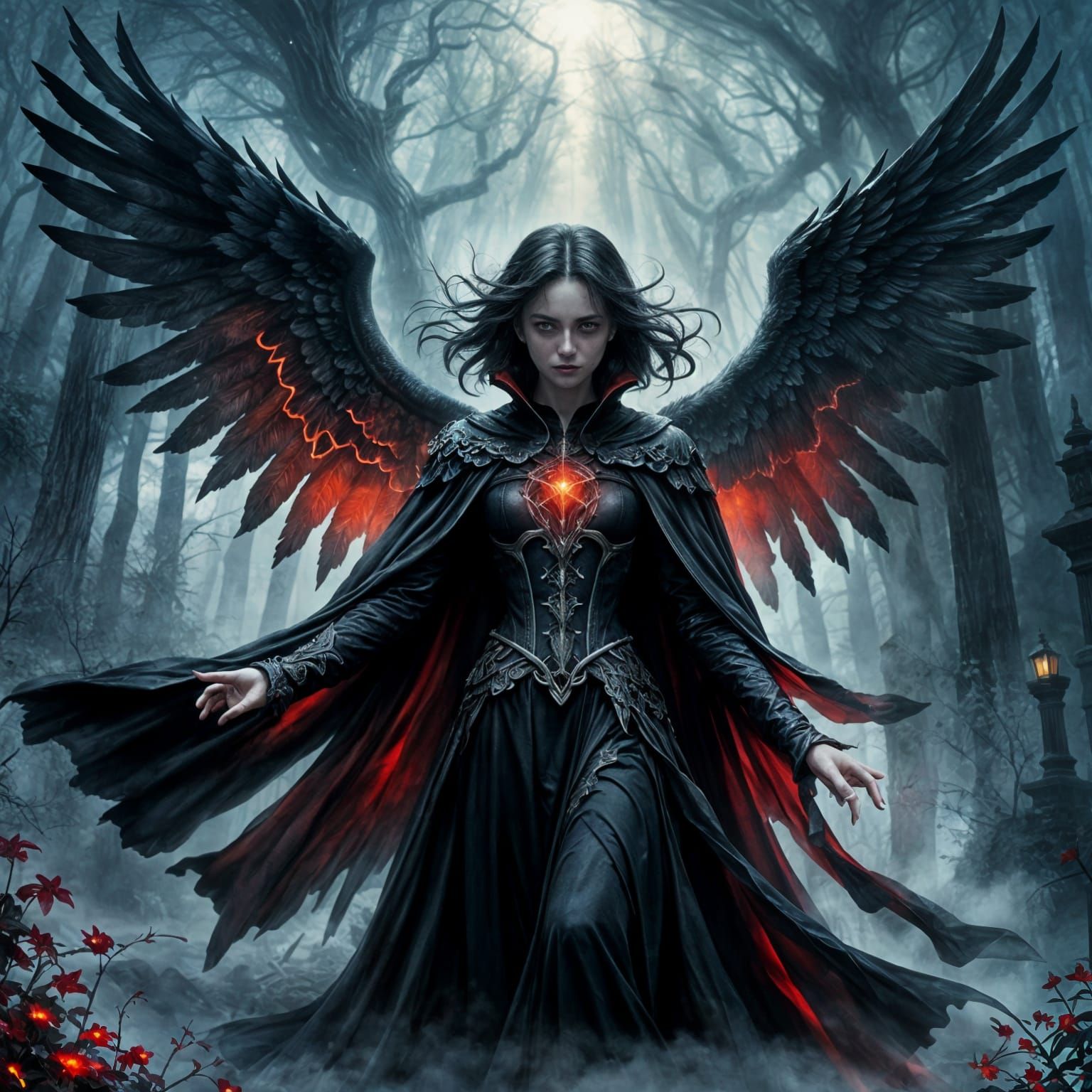 Gothic Fantasy Black Angel with Glowing Eyes