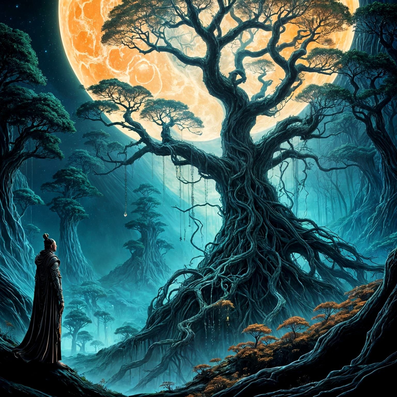 Techno-Shaman and Biomechanical Tree in Ethereal Forest