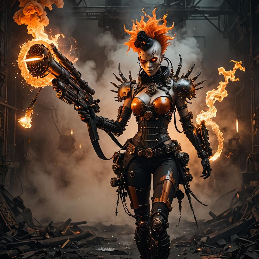 Steampunk Cyborg Goddess Walks on Flames