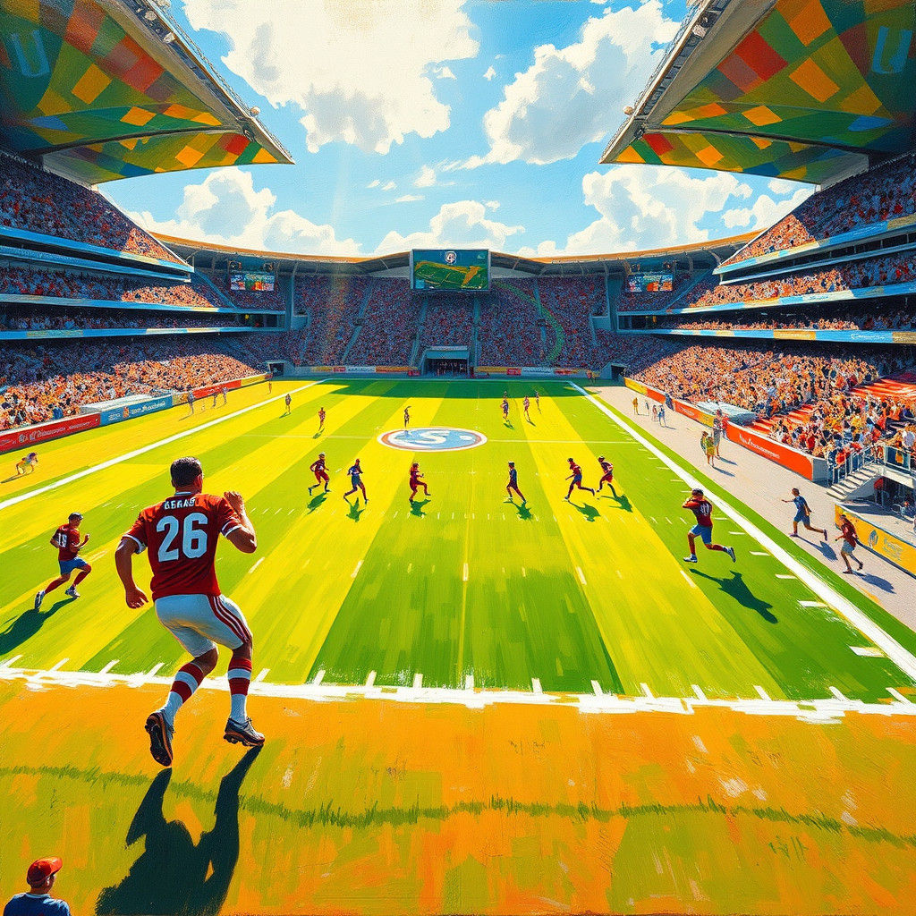 Football Stadium in Sunlight: An Impressionist Oil Painting