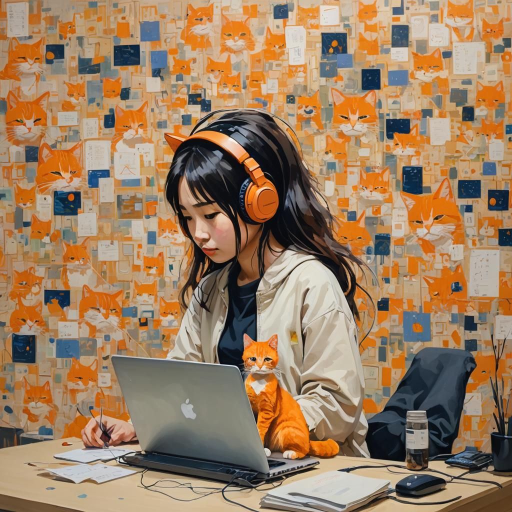 Japanese Girl Coding with Cat, Impressionism Style