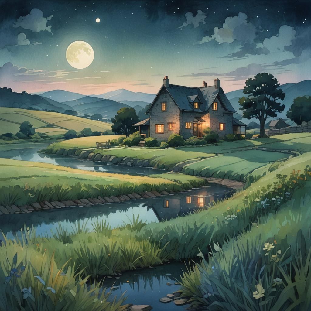 Rural Nocturne: Quaint House Under Crescent Moon