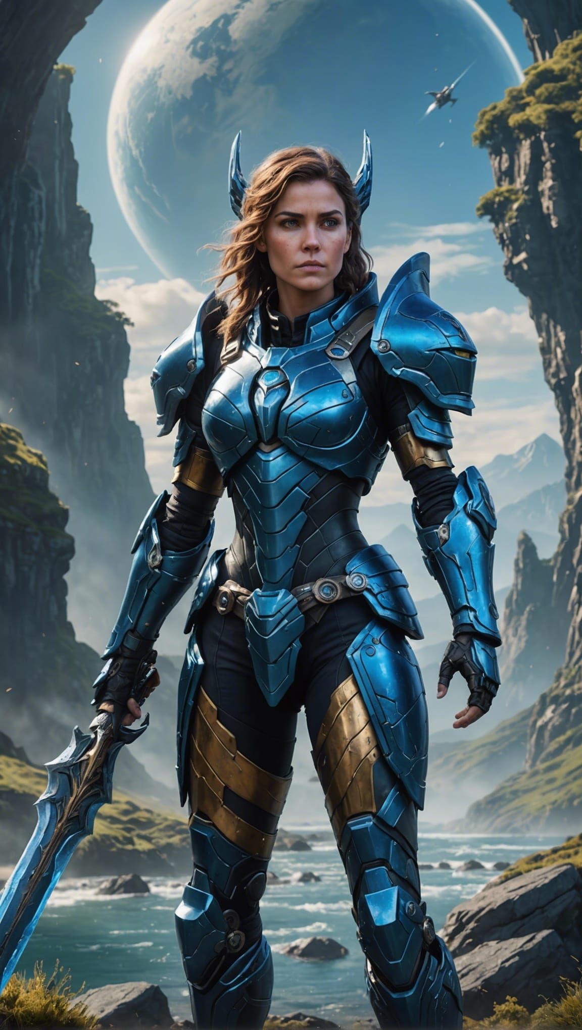 Armored Woman Warrior on Blue Planet