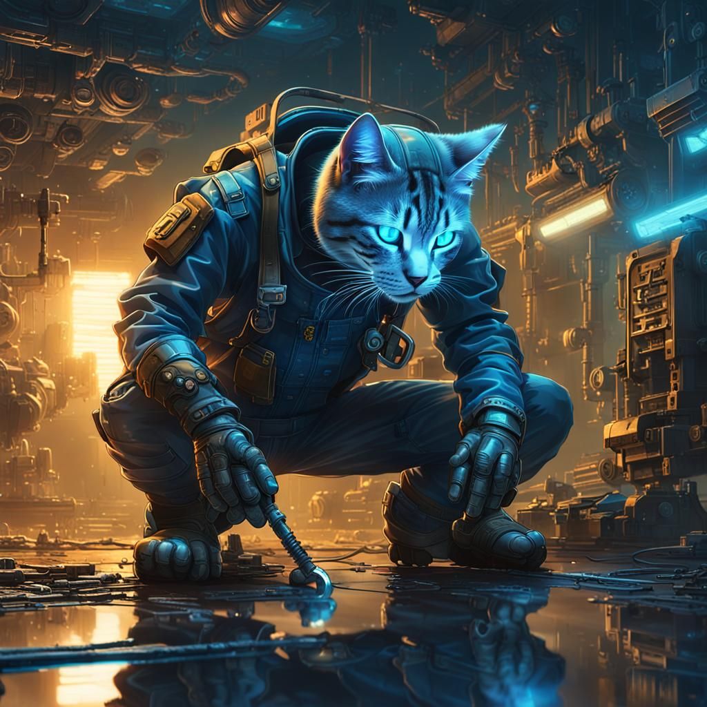 Cyberpunk Cat Mechanic Works on Engine