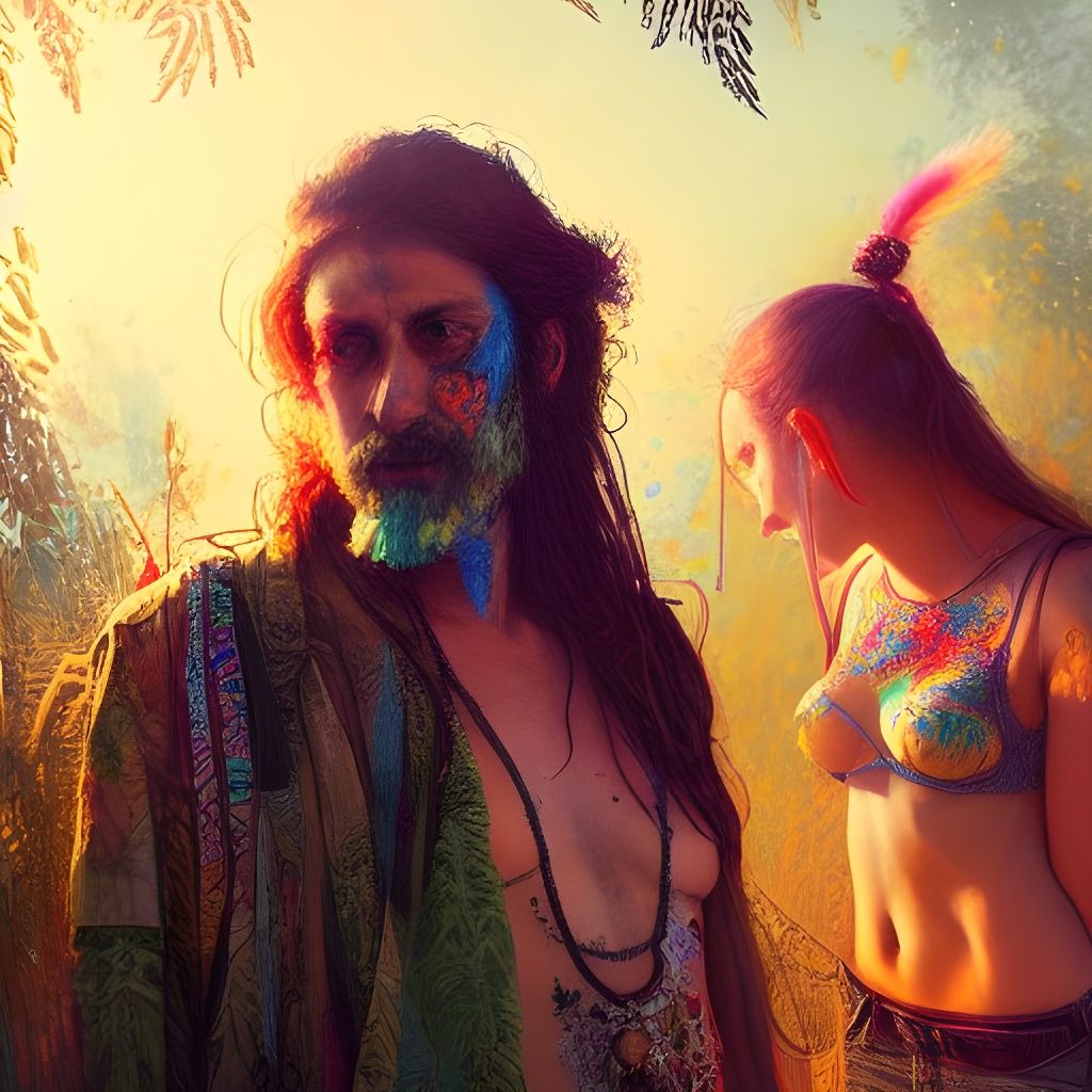 Hippy Couple Arguing at Festival, Detailed Fantasy Art