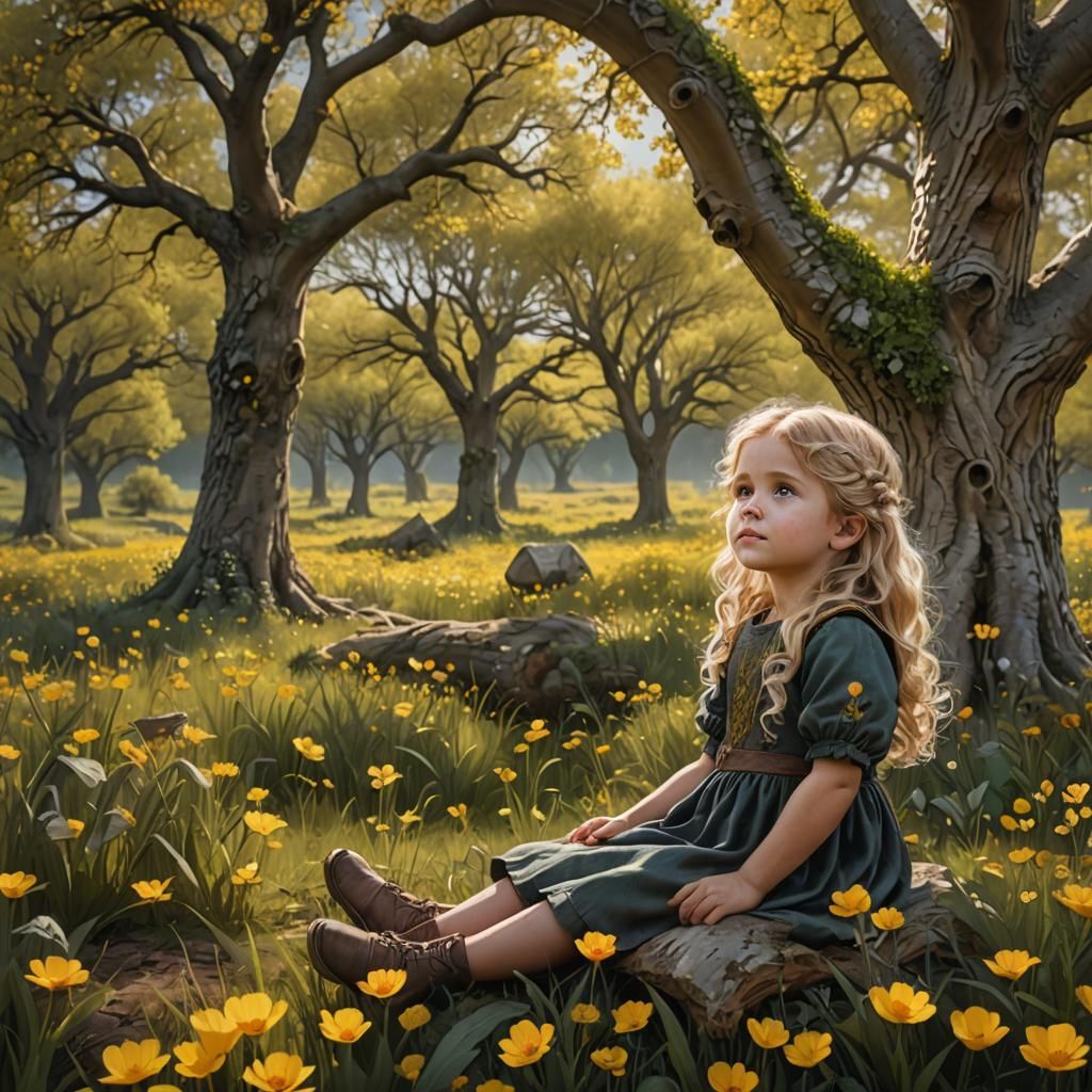 Blond Girl in Buttercups Field: Fantasy Concept Art
