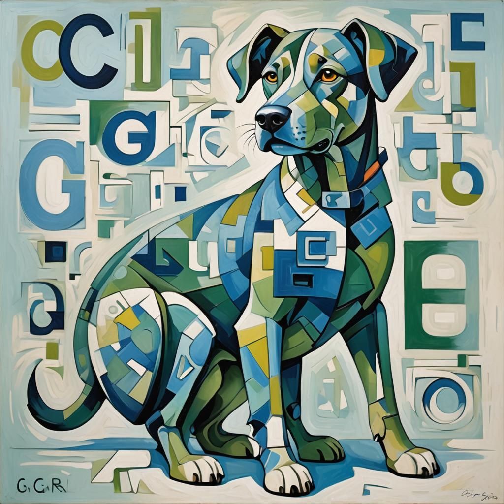 Stylized Dog in Cubist Painting with Abstract Letters