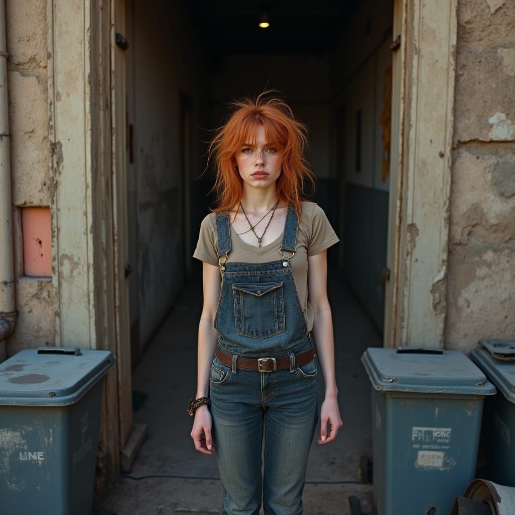 Hyper Realistic Photo of Red-Haired Woman in Tenement Doorwa...