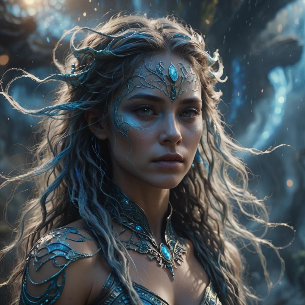 Mystical Half-Alien Woman in Fantasy Setting, Photorealistic