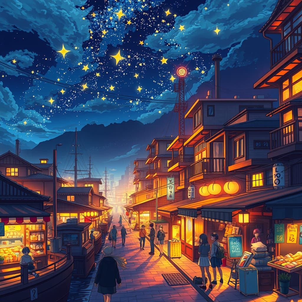 Vibrant Nighttime Harbor Scene in Cinematic Manga Style