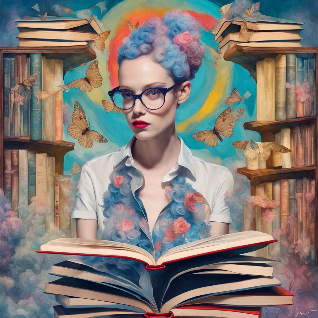Whimsical Portrait of a Librarian in a World of Colorful Boo...