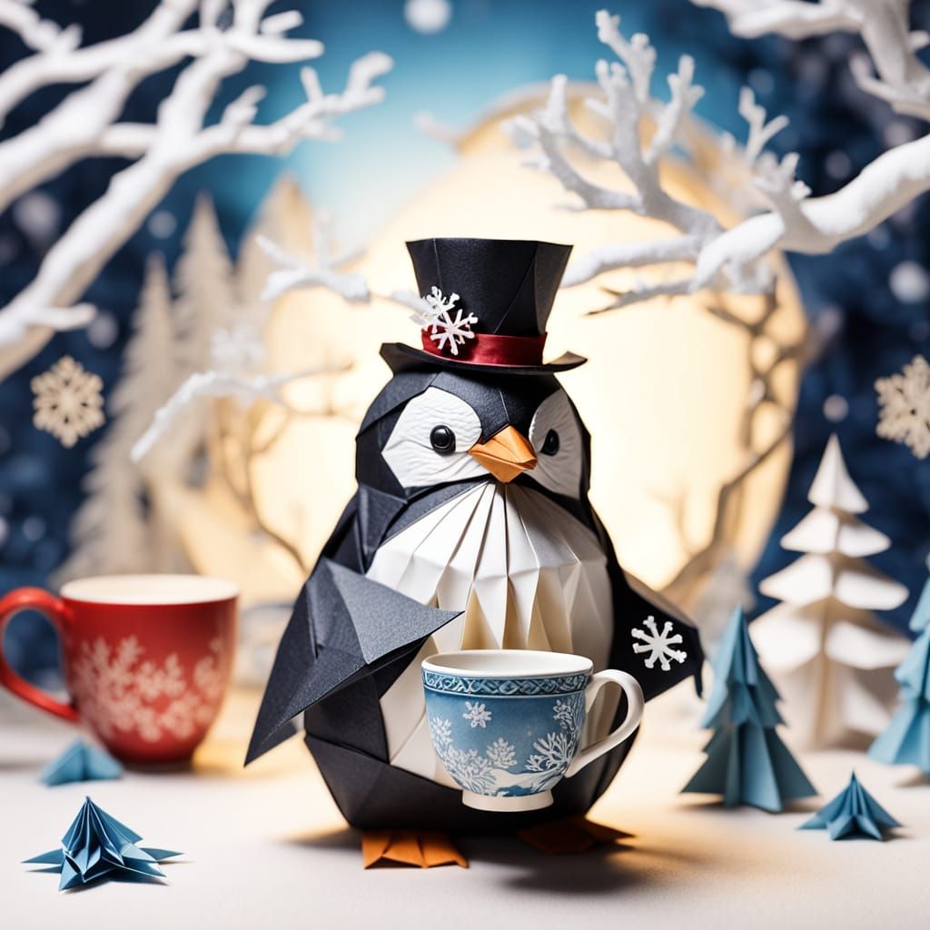 Penguin Tea Party in Origami Wonderland