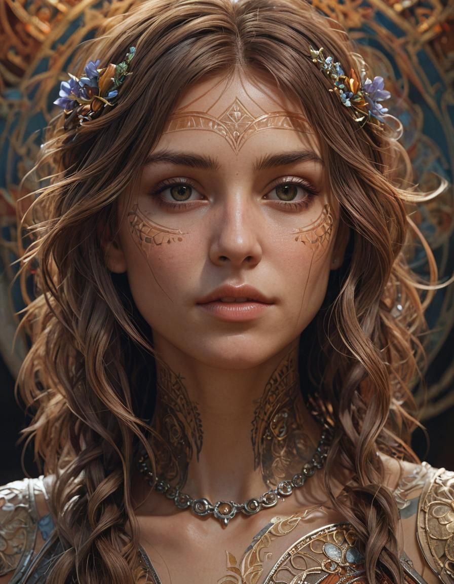 Detailed Portrait with Symbolic Markings in Splash Art