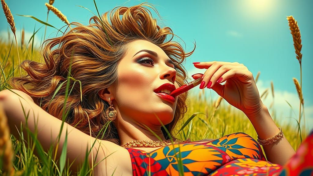 Woman Lounging in Field, Bold Geometric Style
