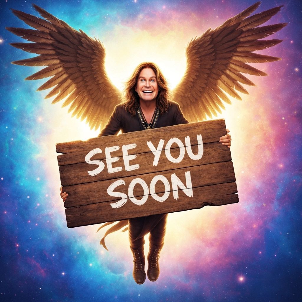 smiling Ozzy Osborn floats into the sky like a Dark Angel wi...