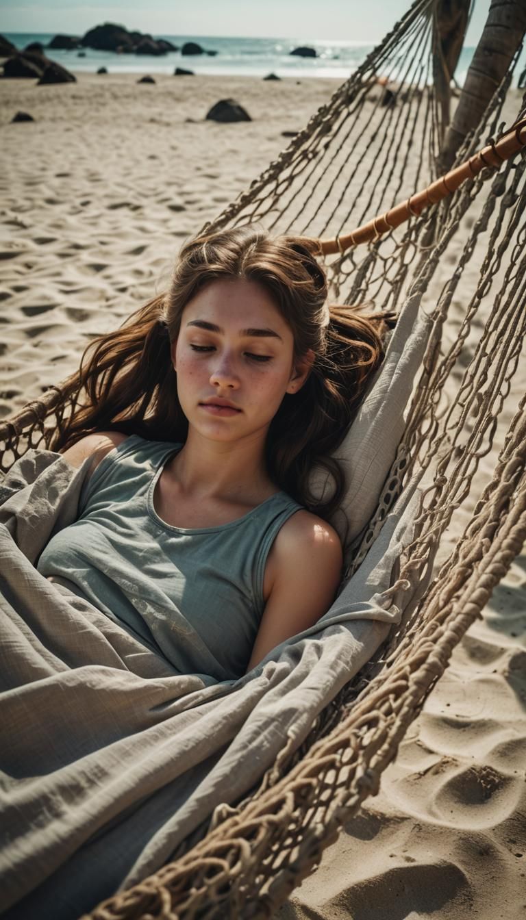 Girl Sleeping in Hammock on Beach, Cinematic Film