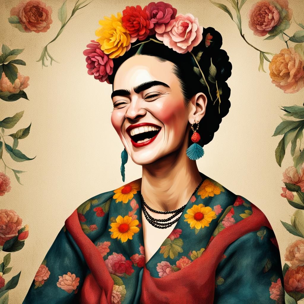 Laughing Woman in Frida Kahlo Style
