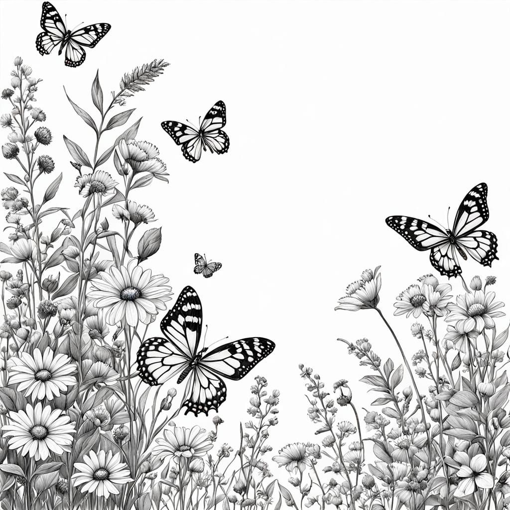 Wildflowers and Butterflies in Whimsical Watercolor Style