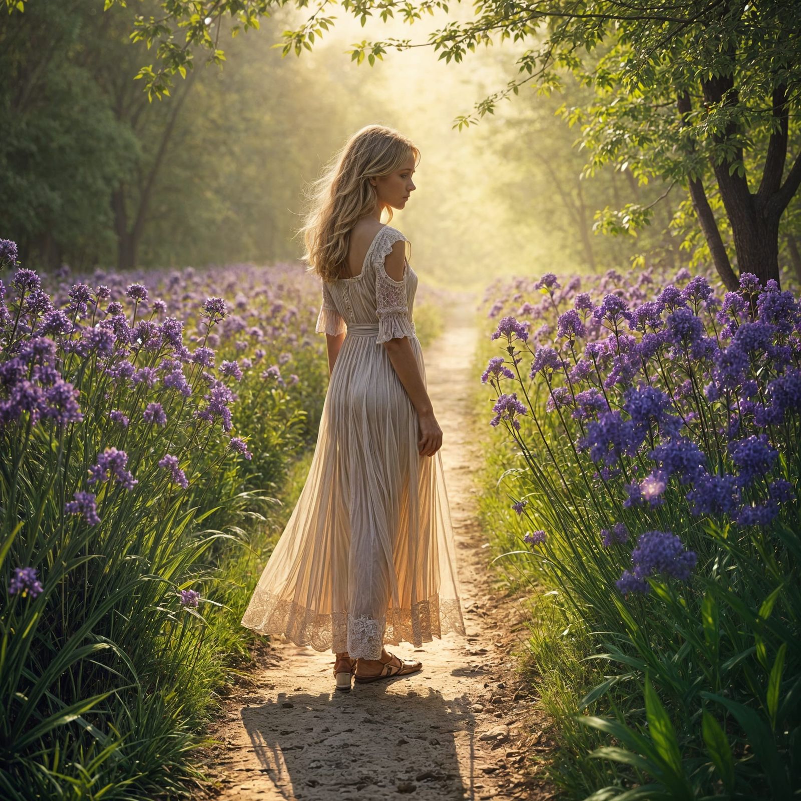 Contemplative Woman on Illuminated Path in Pre-Raphaelite St...