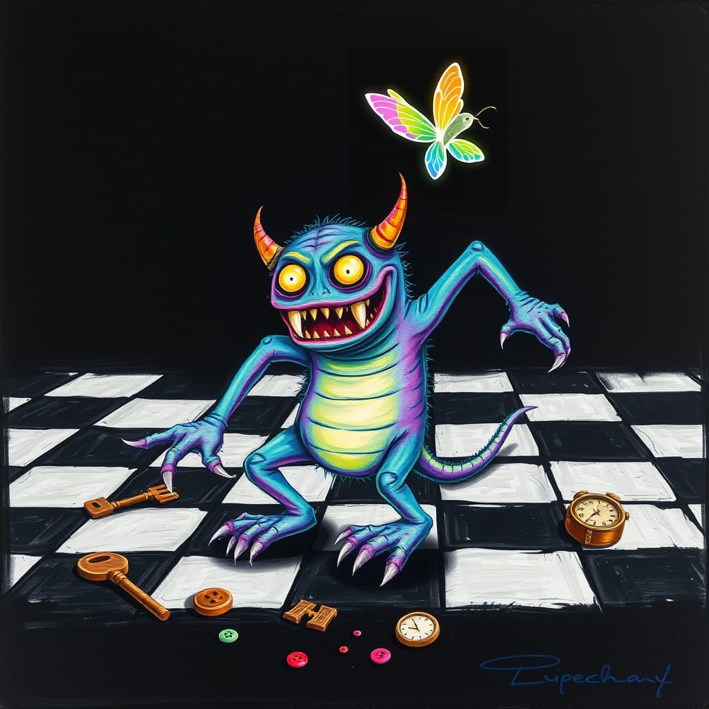 Surreal Whimsy: Demon Plays Hopscotch Amidst Checkerboard Wo...