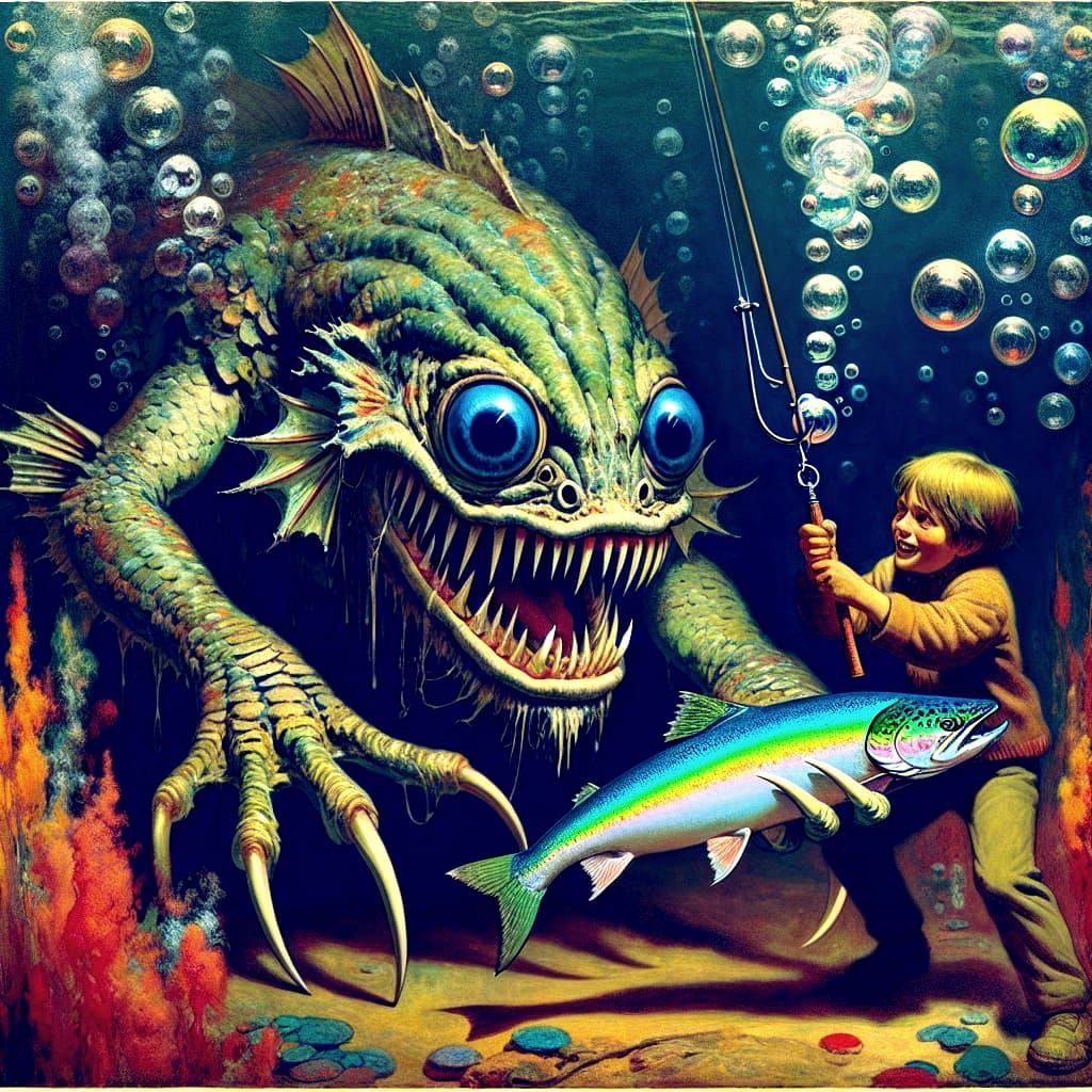 Sea Monster Helps Child Catch Salmon Underwater