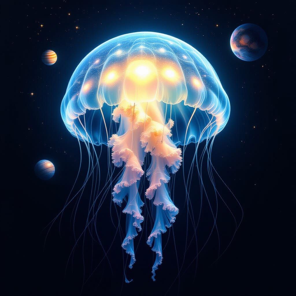 Bioluminescent Jellyfish Drifting Through Deep Space