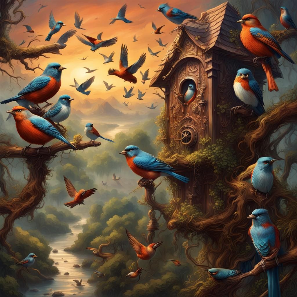 Fantastical Birds in Flight: Detailed Matte Painting