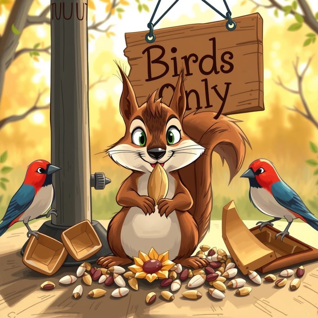 Cartoon Squirrel Raids Bird Feeder in Children's Book Style