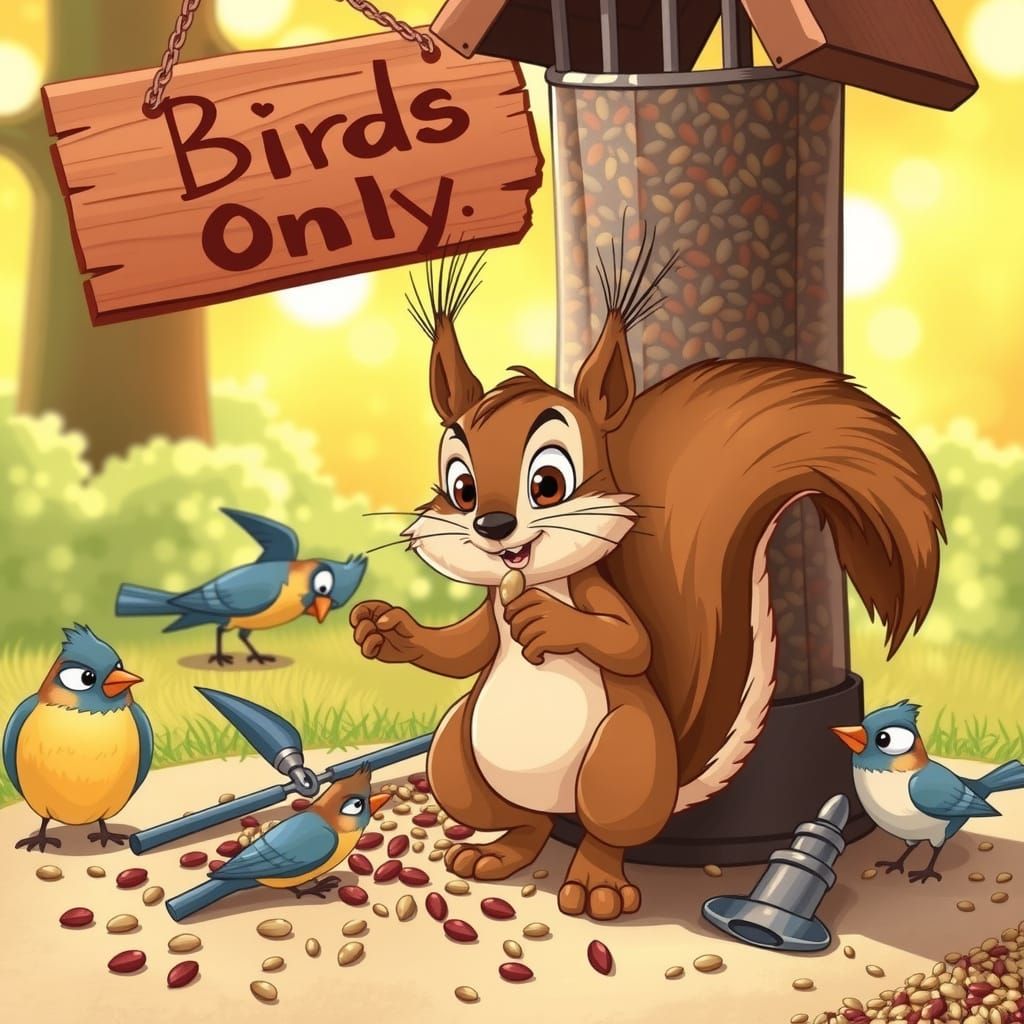 Mischievous Squirrel Raids Bird Feeder in Cartoon Style