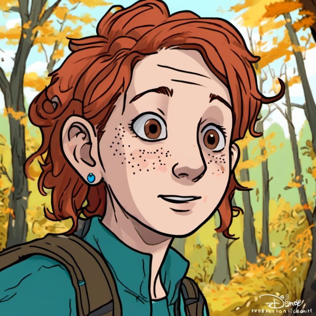 Anime Girl Geocaching in Fall Woods, Disney Style
