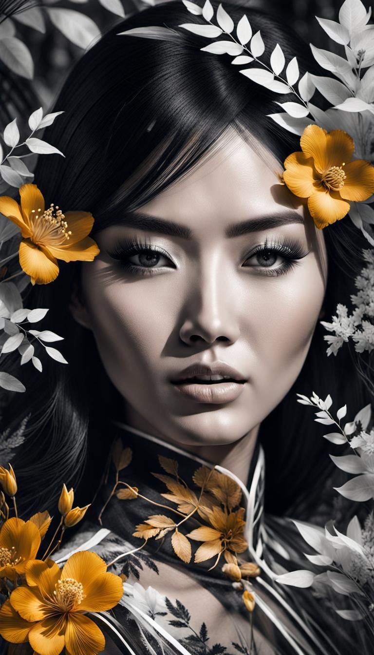 Black and white, Double exposure Asian Forrest of full body of a beauty model girl ,lines Epic cinematic brilliant stun...