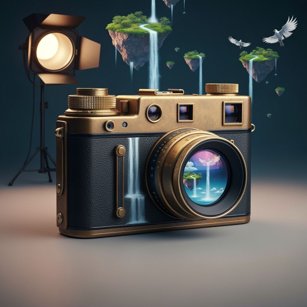 Vintage Camera Captures Surreal Floating Island Landscape